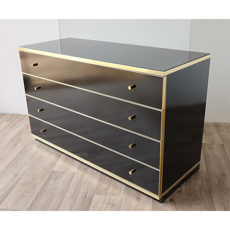 Vintage chest of drawers in lacquered wood and gilded metal, 1970