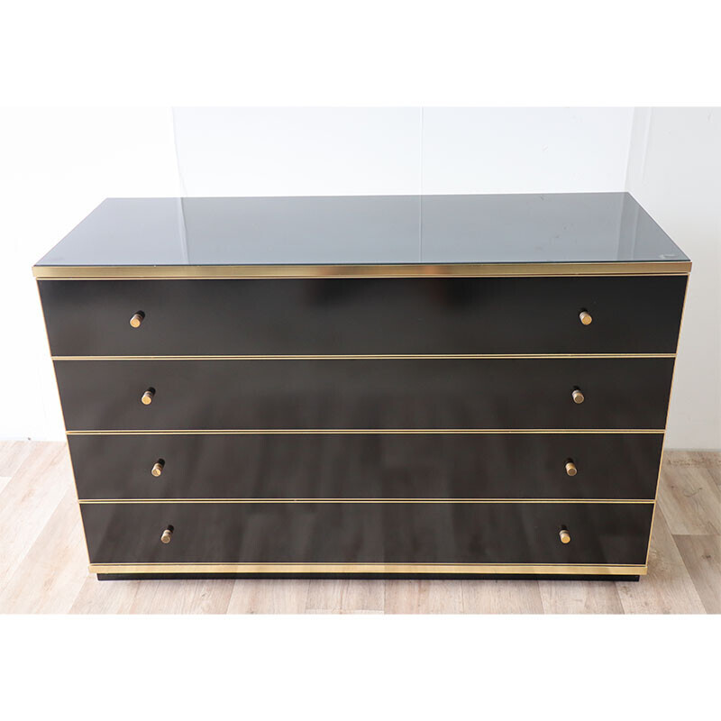 Vintage chest of drawers in lacquered wood and gilded metal, 1970