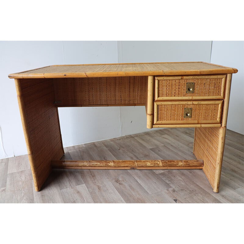 Bureau vintage Dal Vera en bambou et osier, 1970