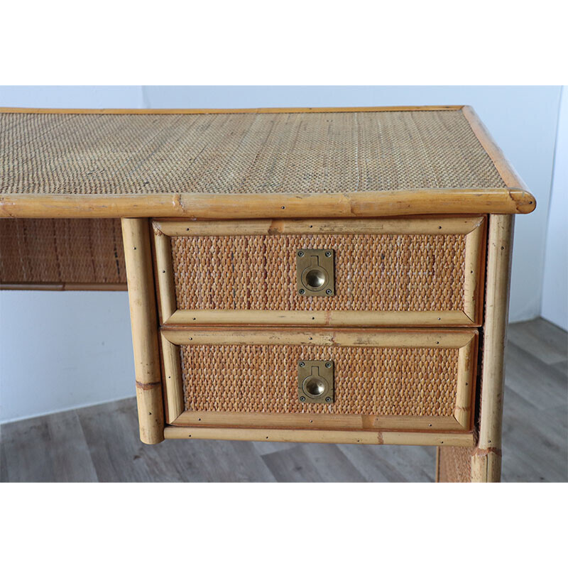 Dal Vera vintage desk in bamboo and wicker, 1970