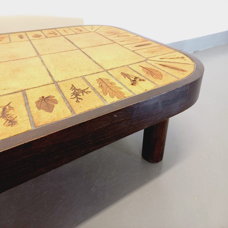 Vintage Roger Capron coffee table in dark wood and Vallauris ceramic, 1960-1970