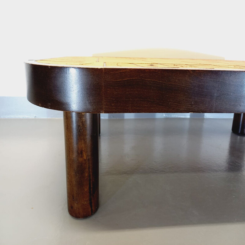 Table basse vintage Roger Capron en bois foncé et céramique de Vallauris, 1960-1970