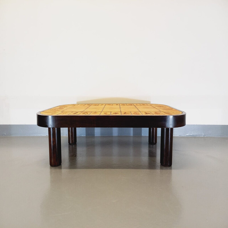 Tavolino vintage Roger Capron in legno scuro e ceramica Vallauris, 1960-1970
