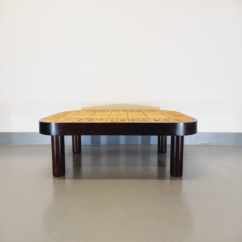 Vintage Roger Capron coffee table in dark wood and Vallauris ceramic, 1960-1970