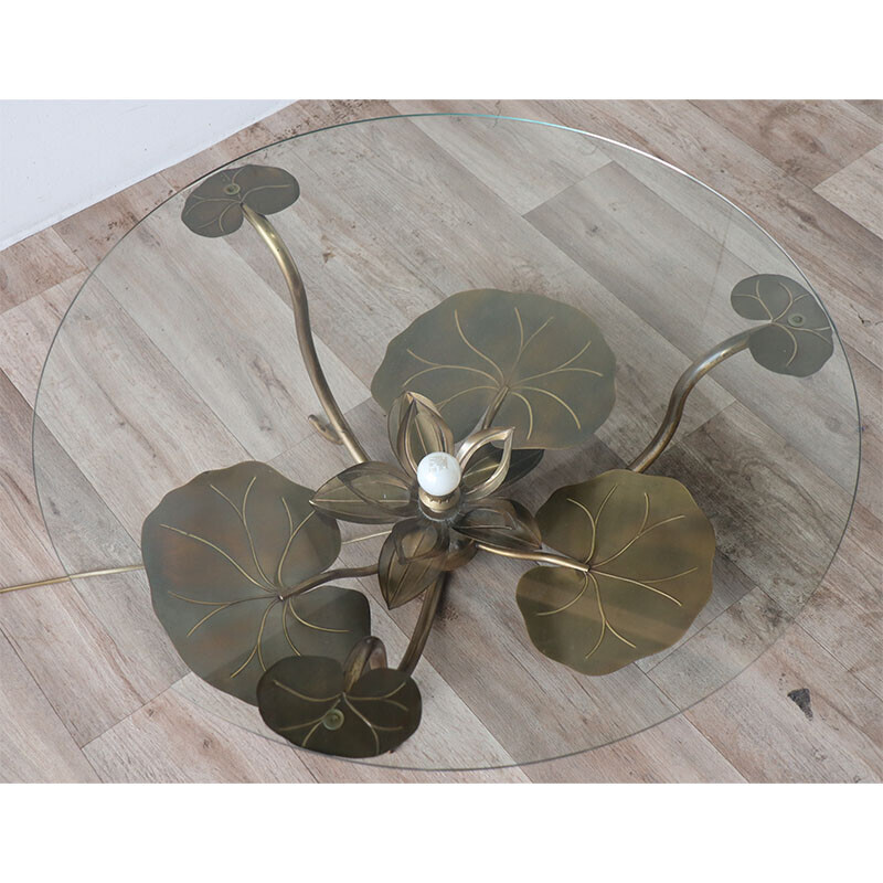 Vintage lighted coffee table with brass water lilies, 1970