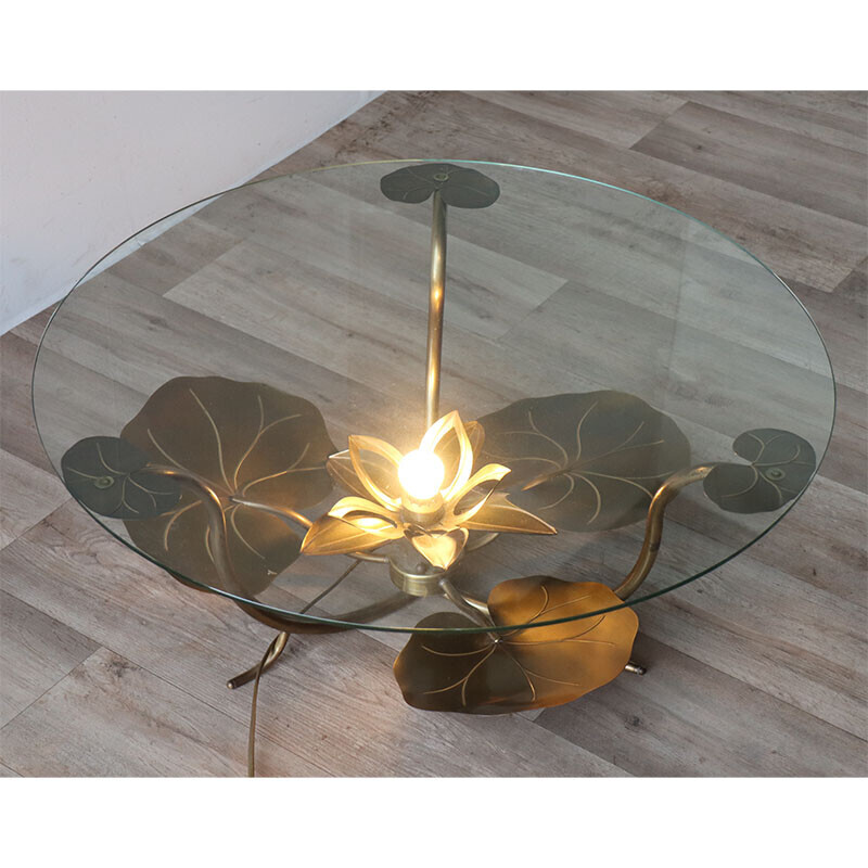 Vintage verlichte salontafel met messing waterlelies, 1970