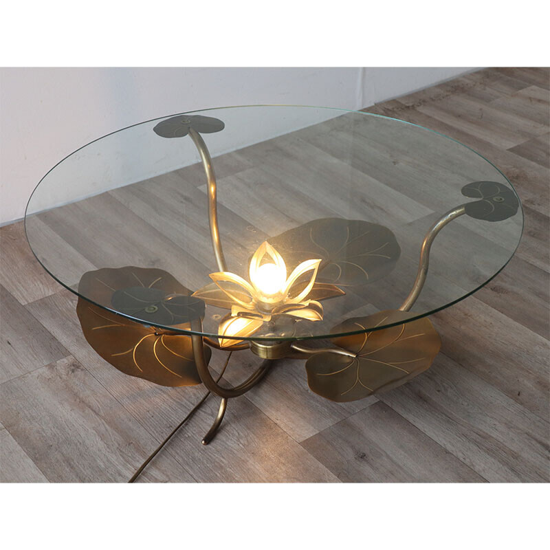 Vintage lighted coffee table with brass water lilies, 1970