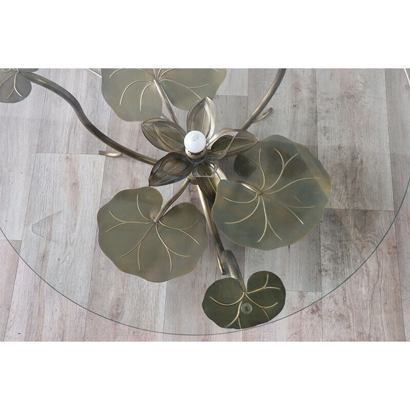 Vintage lighted coffee table with brass water lilies, 1970