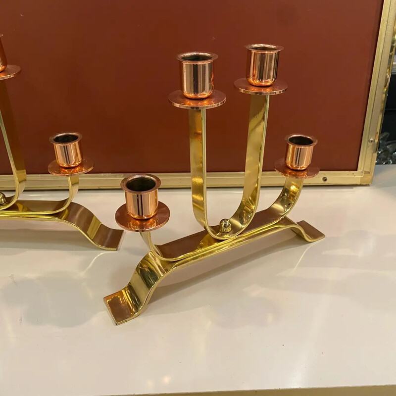 Pair of vintage Art Deco brass and copper Italian candlesticks, 1930s