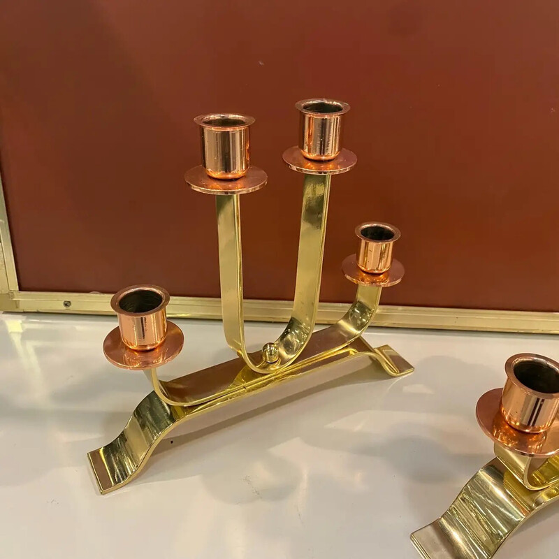 Pair of vintage Art Deco brass and copper Italian candlesticks, 1930s