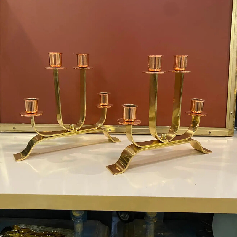 Pair of vintage Art Deco brass and copper Italian candlesticks, 1930s