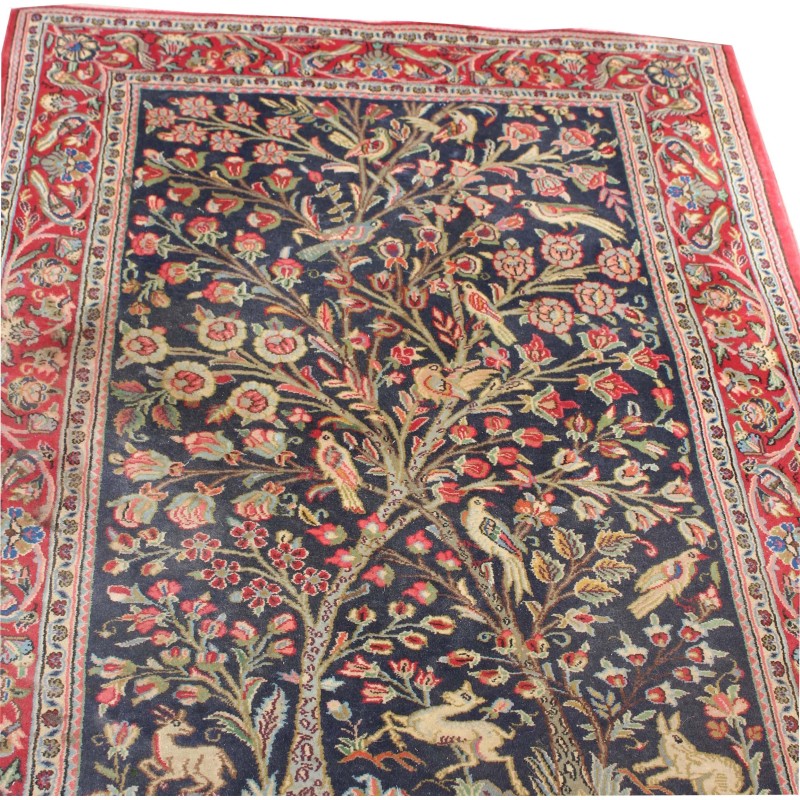 Tapis persan vintage "arbre de vie" avec oiseaux et animaux