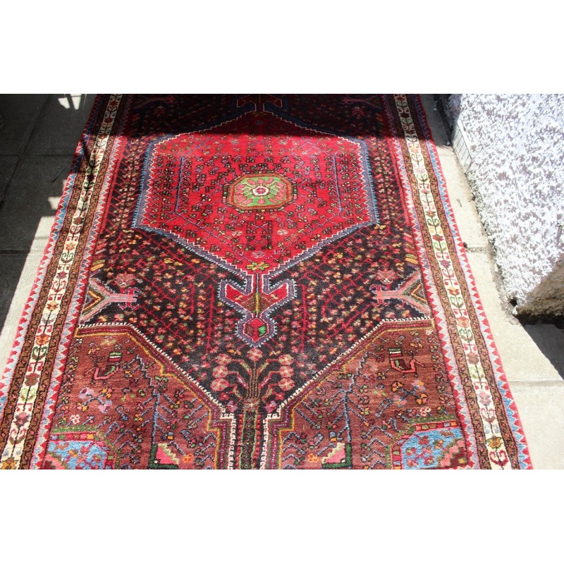 Tappeto vintage floreale persiano a medaglione fatto a mano di colore rosso