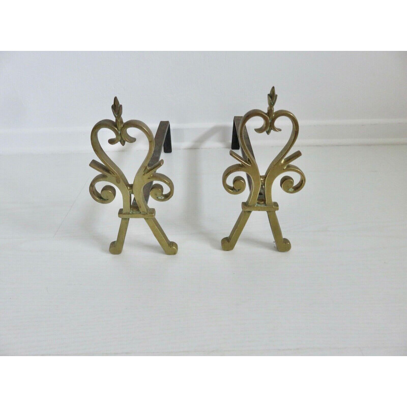 Pair of vintage bronze andirons, France