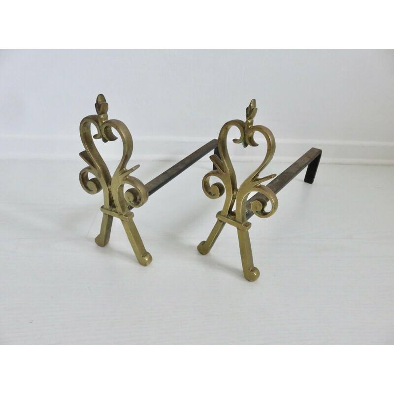 Pair of vintage bronze andirons, France