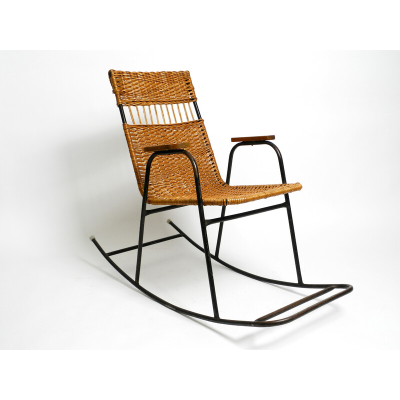 Mid century rocking chair in black painted metal and rattan