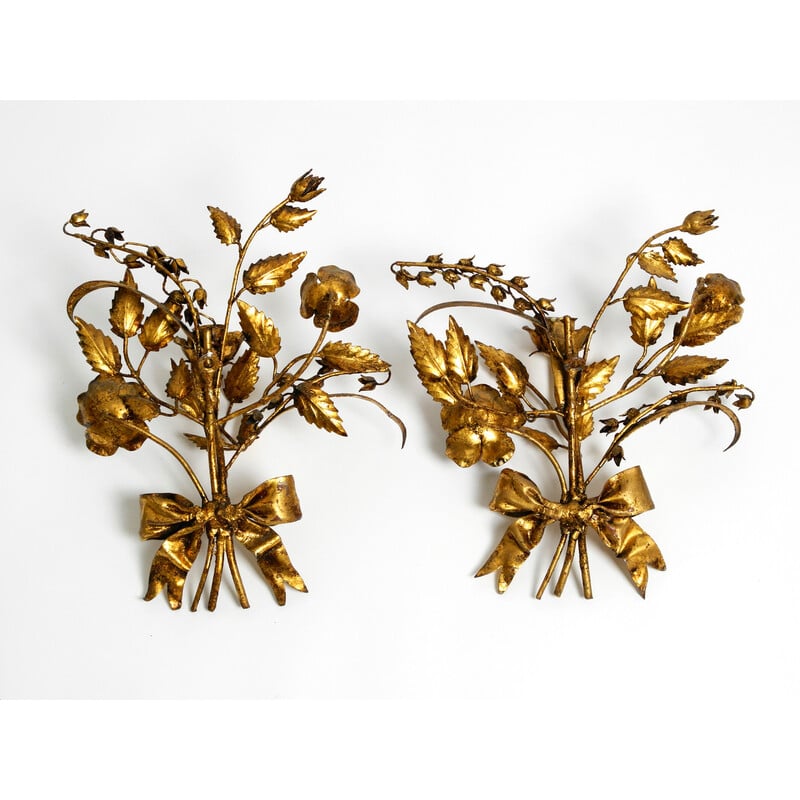 Pair of vintage gilded metal Florentine candlesticks and wall decoration, 1950s