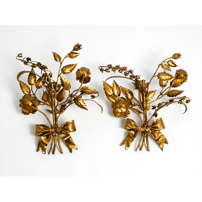 Pair of vintage gilded metal Florentine candlesticks and wall decoration, 1950s