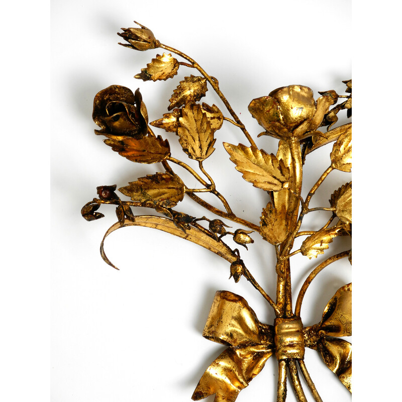 Par de castiçais florentinos de metal dourado vintage e decoração de parede, década de 1950