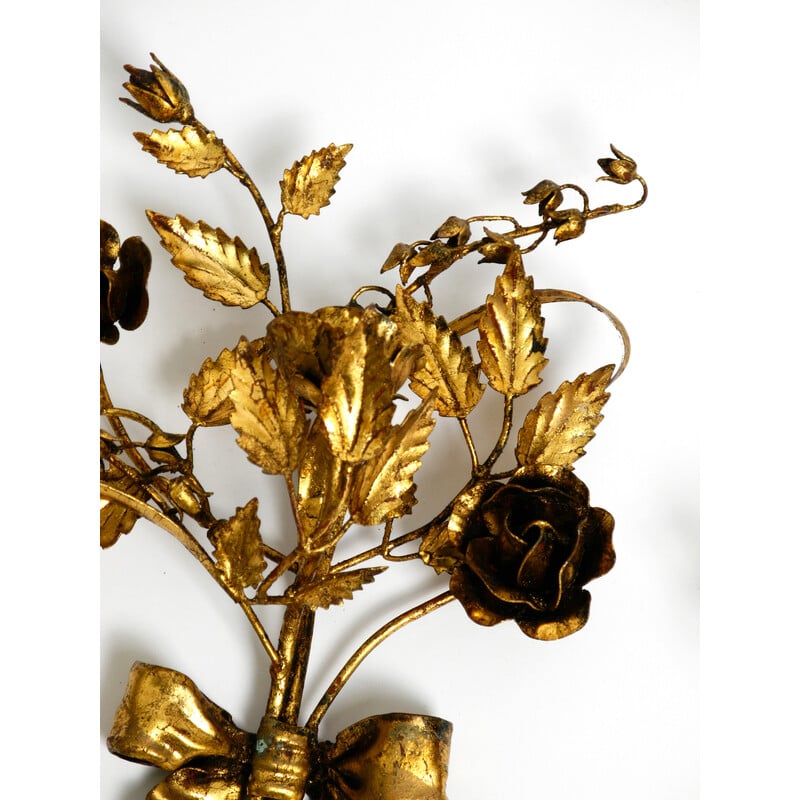 Pareja de candelabros florentinos vintage de metal dorado y decoración de pared, años 50