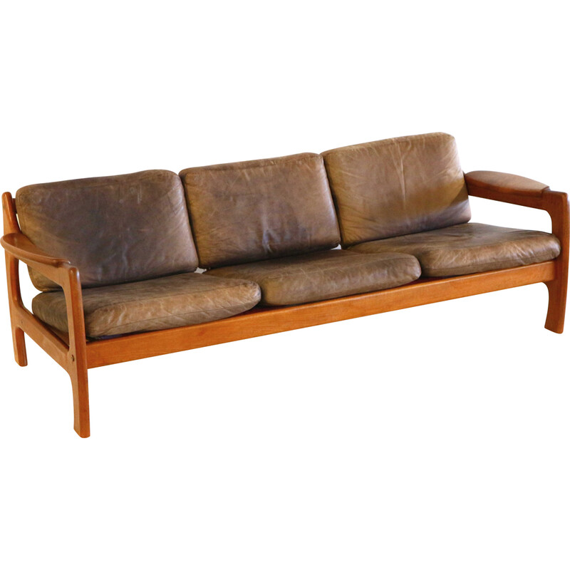 Vintage teak and leather sofa, 1960s