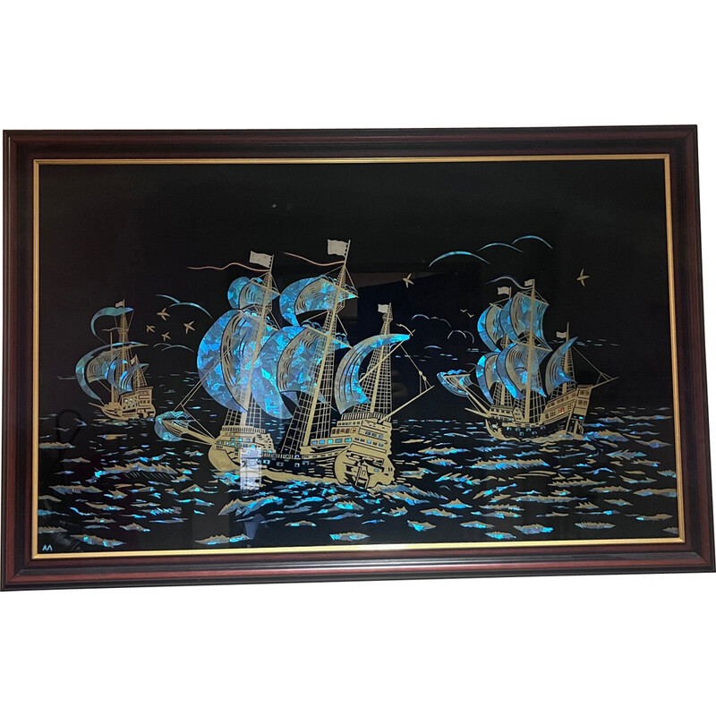 Vintage painting on glass with wooden frame, 1940-1950s