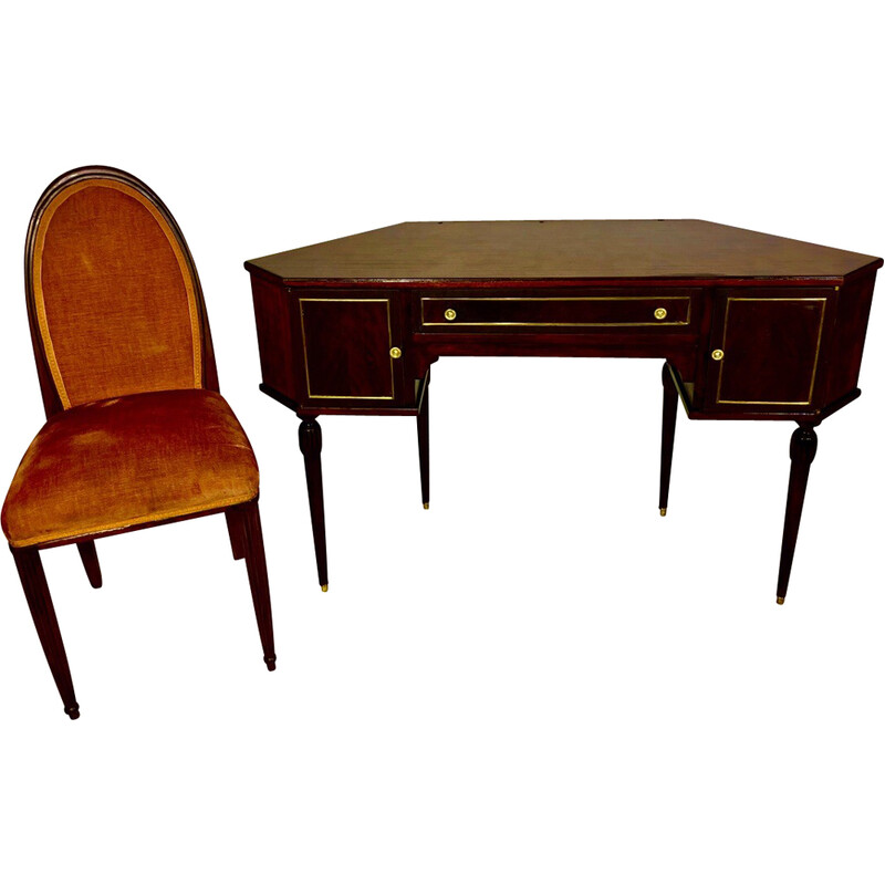 Vintage Art Deco desk in mahogany and rosewood with chair, 1930s