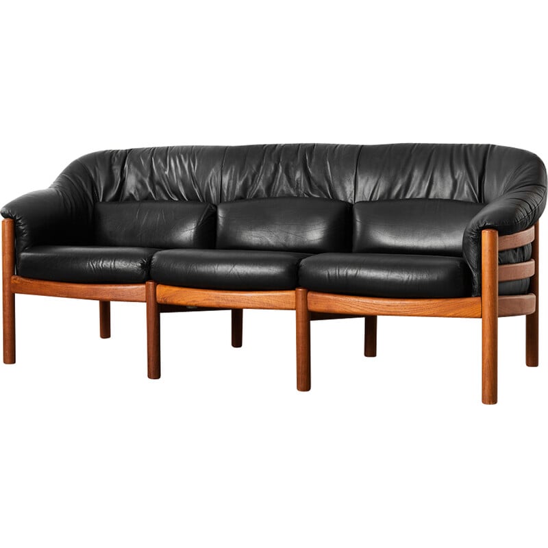 Vintage leather and turned wood sofa for Skippers Furniture, Denmark 1970s
