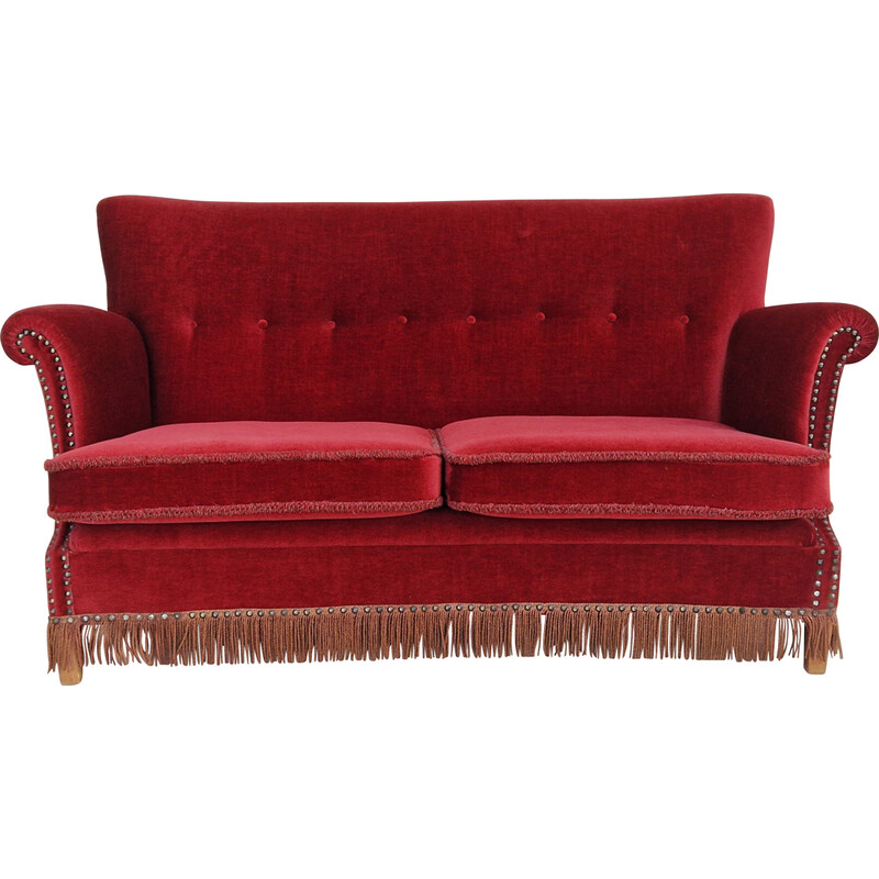 Vintage Danish sofa in red-cherry velour, 1950s