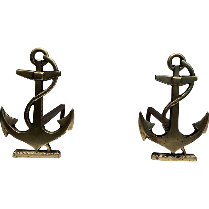 Pair of vintage brass ship's anchor andirons, 1970