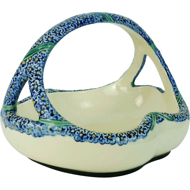 Vintage bowl with handle ceramic basket model 1255 by Wilhelm Süs for Karlsruher Majolika