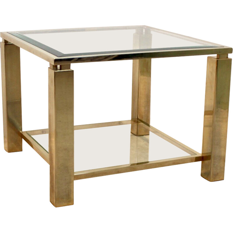 Table d'appoint vintage carrée en verre plaqué or 23 carats Belgochrom à deux niveaux