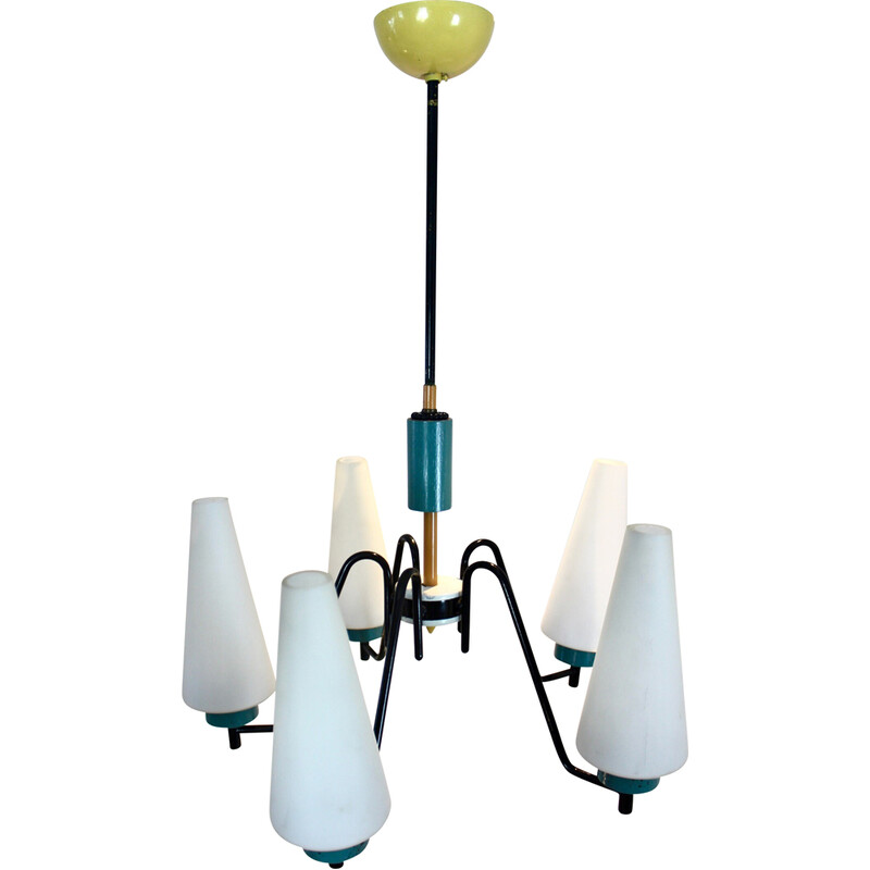 Dutch vintage steel, wood and opaline glass chandelier, 1950s