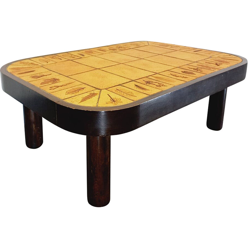 Vintage Roger Capron coffee table in dark wood and Vallauris ceramic, 1960-1970