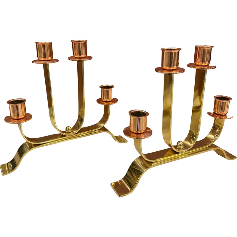 Pair of vintage Art Deco brass and copper Italian candlesticks, 1930s