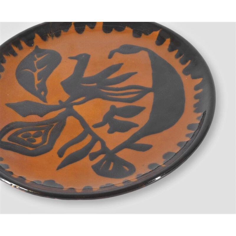 Vintage glazed ceramic plate with bird design by Jean Lurçat, 1950