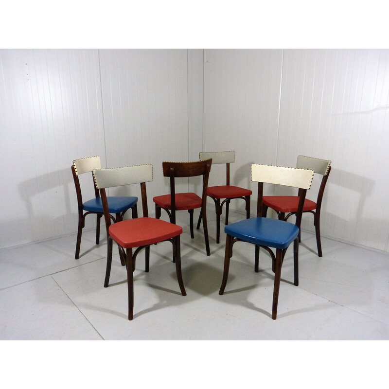 Set of 6 vintage beech wooden dining chairs by Thonet, 1950s
