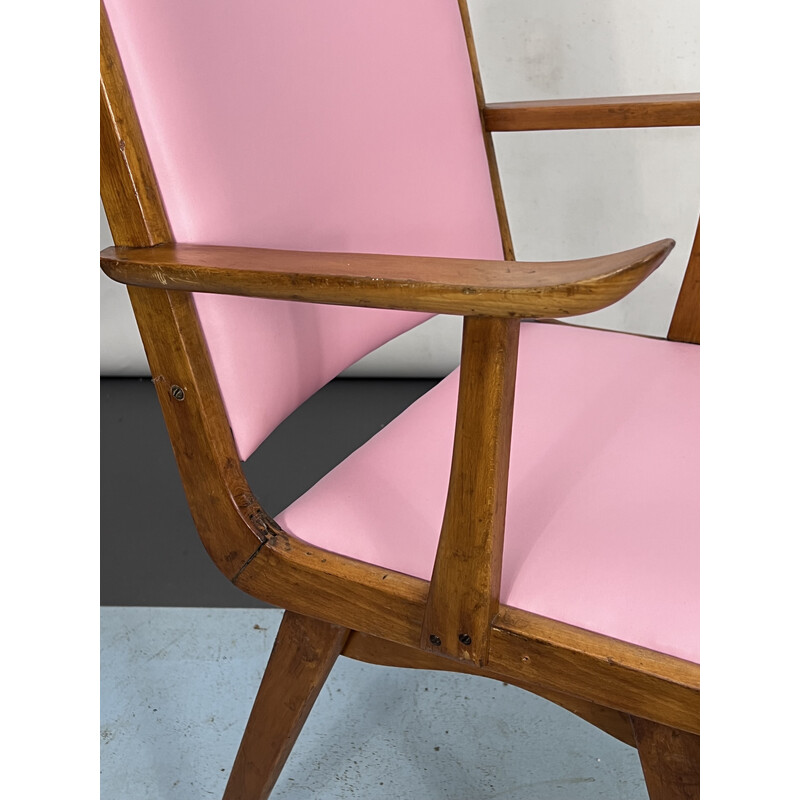 Vintage Italian wood accent chair in pink leatherette, Italy 1950s