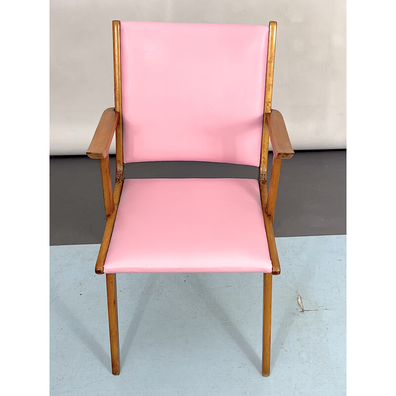 Vintage Italian wood accent chair in pink leatherette, Italy 1950s