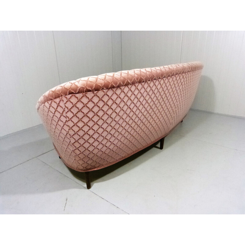 Vintage pink velour rounded sofa, 1950s