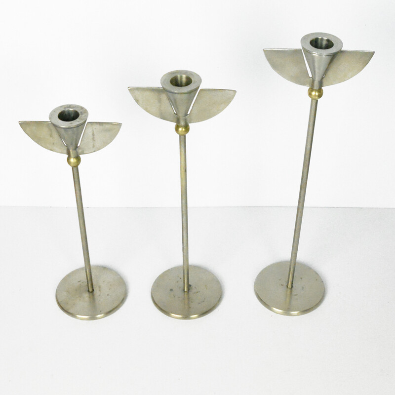 Set of 3 vintage nickel candlesticks, Italy 1970s