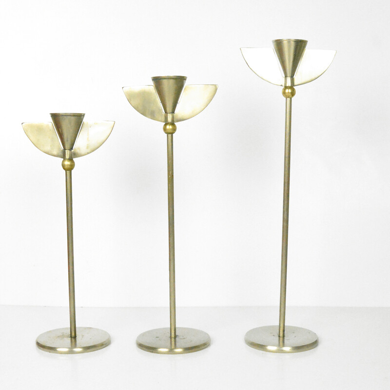 Set of 3 vintage nickel candlesticks, Italy 1970s