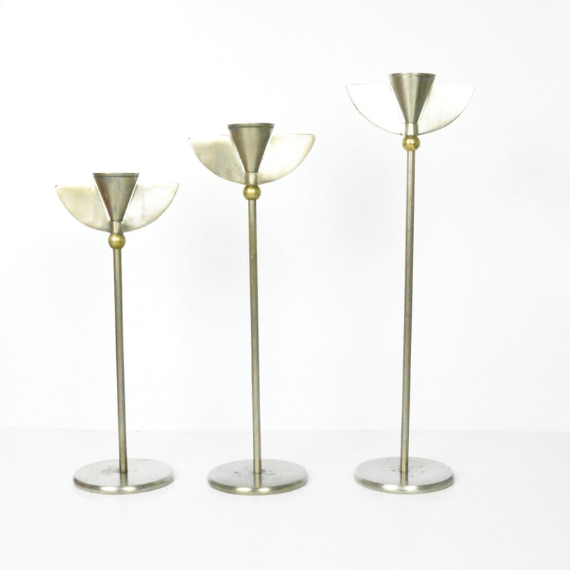 Set of 3 vintage nickel candlesticks, Italy 1970s