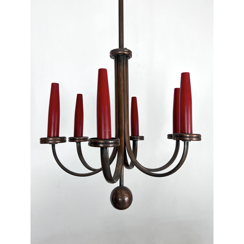 Mid-century six arms copper chandelier, Italy 1950s