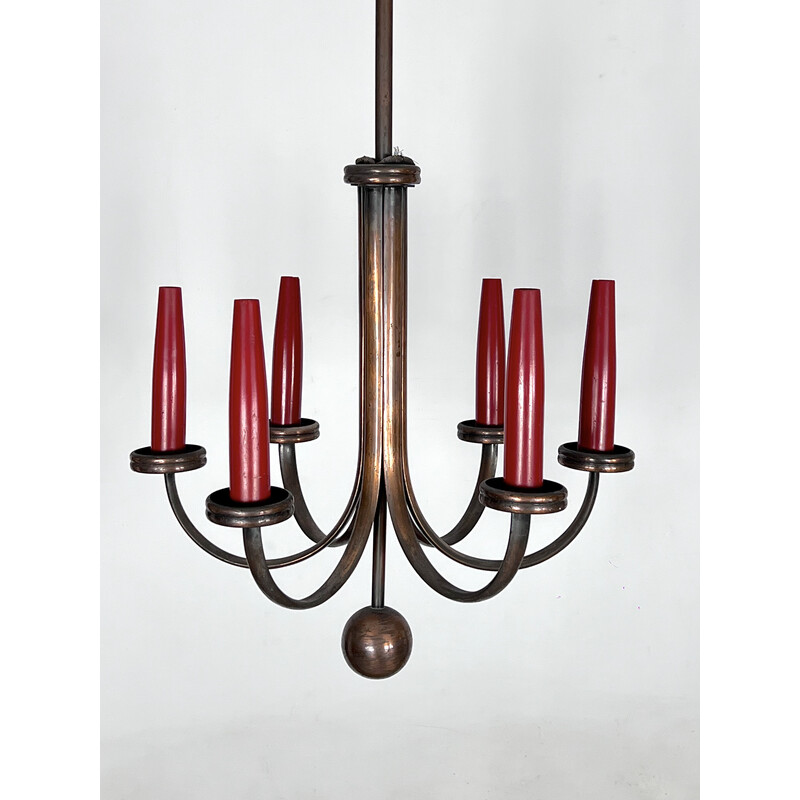 Mid-century six arms copper chandelier, Italy 1950s