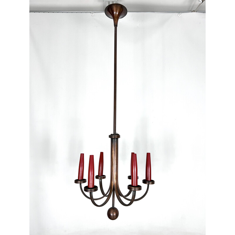 Mid-century six arms copper chandelier, Italy 1950s