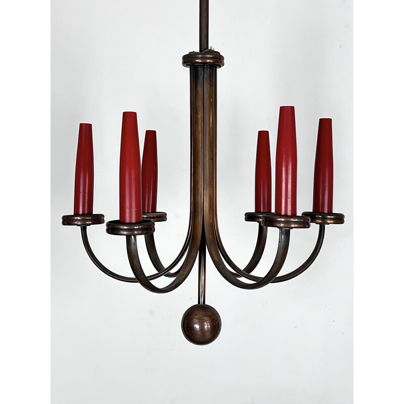 Mid-century six arms copper chandelier, Italy 1950s