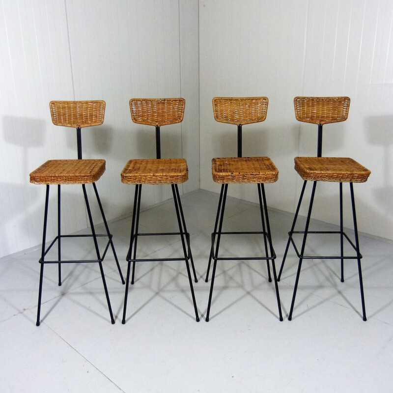 Set of 4 Rattan Bar Stools - 1950s