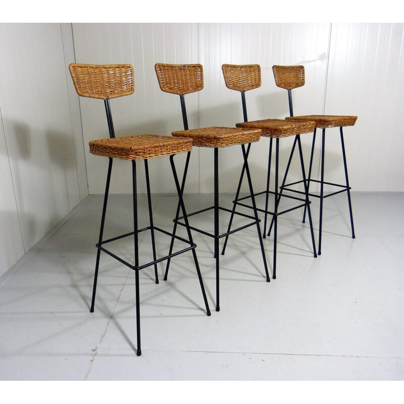 Set of 4 Rattan Bar Stools - 1950s