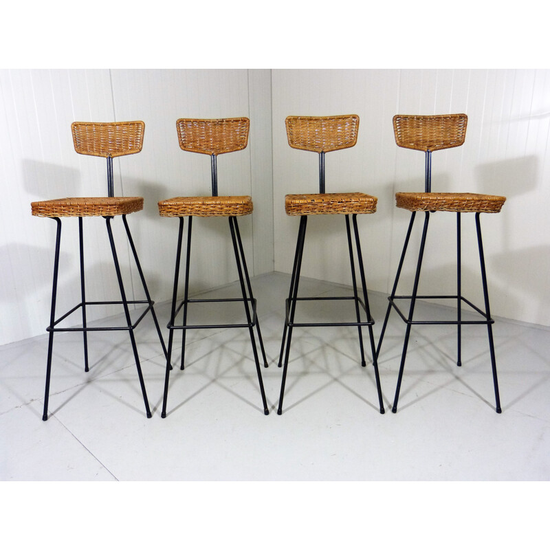 Set of 4 Rattan Bar Stools - 1950s